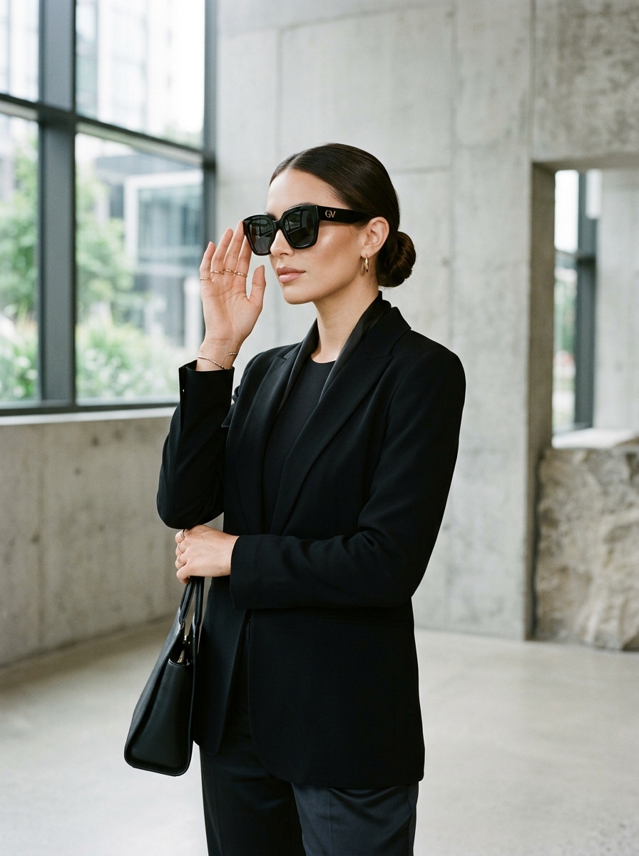 Woman wearing Prada style luxury sunglasses